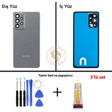 Arsking Samsung Galaxy A73 Gri Renk Lensli Arka Kapak + Tamir Seti + B7000 Yapıştırıcı Arka Cam Batarya Kapağı Pil Kapağı Lazer Kesim Back Cover Galaxy A73 Uyumlu