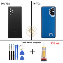Arsking Samsung Galaxy A32 Siyah Renk Lensli Arka Kapak + Tamir Seti + B7000 Yapıştırıcı Arka Cam Batarya Kapağı Pil Kapağı Lazer Kesim Back Cover Galaxy A32 Uyumlu