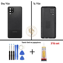Arsking Samsung Galaxy A12 Siyah Renk Lensli Arka Kapak + Tamir Seti + B7000 Yapıştırıcı Arka Cam Batarya Kapağı Pil Kapağı Lazer Kesim Back Cover Galaxy A12 Uyumlu