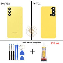 Arsking Samsung Galaxy A15 Sarı Renk Lensli Arka Kapak + Tamir Seti + B7000 Yapıştırıcı Arka Cam Batarya Kapağı Pil Kapağı Lazer Kesim Back Cover Galaxy A15 Uyumlu