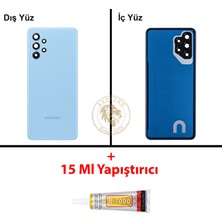 Arsking Samsung Galaxy A32 Mavi Renk Lensli Arka Kapak + B7000 Yapıştırıcı Arka Cam Batarya Kapağı Pil Kapağı Lazer Kesim Back Cover Galaxy A32 Uyumlu