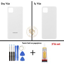 Arsking Samsung Galaxy A22 5g Beyaz Renk Arka Kapak + Tamir Seti + B7000 Yapıştırıcı Arka Cam Batarya Kapağı Pil Kapağı Lazer Kesim Back Cover Galaxy A22 Uyumlu