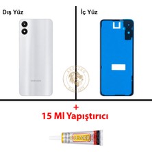 Arsking Samsung Galaxy A05 Gümüş Renk Lensli Arka Kapak + B7000 Yapıştırıcı Arka Cam Batarya Kapağı Pil Kapağı Lazer Kesim Back Cover Galaxy A05 Uyumlu