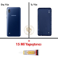 Arsking Samsung Galaxy A10 Mavi Renk Lensli Arka Kapak + B7000 Yapıştırıcı Arka Cam Batarya Kapağı Pil Kapağı Lazer Kesim Back Cover Galaxy A10 Uyumlu