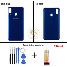 Arsking Samsung Galaxy A20S Mavi Renk Arka Kapak + Tamir Seti + B7000 Yapıştırıcı Arka Cam Batarya Kapağı Pil Kapağı Lazer Kesim Back Cover Galaxy A20S Uyumlu