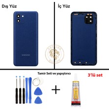 Arsking Samsung Galaxy A03 Mavi Renk Lensli Arka Kapak + Tamir Seti + B7000 Yapıştırıcı Arka Cam Batarya Kapağı Pil Kapağı Lazer Kesim Back Cover Galaxy A03 Uyumlu