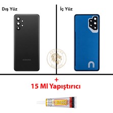 Arsking Samsung Galaxy A32 Siyah Renk Lensli Arka Kapak + B7000 Yapıştırıcı Arka Cam Batarya Kapağı Pil Kapağı Lazer Kesim Back Cover Galaxy A32 Uyumlu