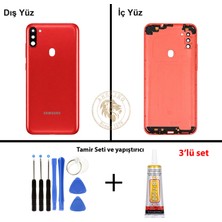 Arsking Samsung Galaxy A11 Kırmızı Renk Lensli Arka Kapak + Tamir Seti + B7000 Yapıştırıcı Arka Cam Batarya Kapağı Pil Kapağı Lazer Kesim Back Cover Galaxy A11 Uyumlu