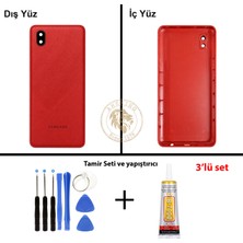 Arsking Samsung Galaxy A01 Core A013 Kırmızı Renk Lensli Arka Kapak + Tamir Seti + B7000 Yapıştırıcı Arka Cam Batarya Kapağı Pil Kapağı Lazer Kesim Back Cover Galaxy A01 Core Uyumlu