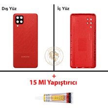 Arsking Samsung Galaxy A12 Kırmızı Renk Lensli Arka Kapak + B7000 Yapıştırıcı Arka Cam Batarya Kapağı Pil Kapağı Lazer Kesim Back Cover Galaxy A12 Uyumlu
