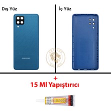 Arsking Samsung Galaxy A12 Mavi Renk Lensli Arka Kapak + B7000 Yapıştırıcı Arka Cam Batarya Kapağı Pil Kapağı Lazer Kesim Back Cover Galaxy A12 Uyumlu