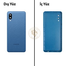 Arsking Samsung Galaxy A02 Mavi Renk Lensli Arka Kapak Arka Cam Batarya Kapağı Pil Kapağı Lazer Kesim Back Cover Galaxy A02 Uyumlu