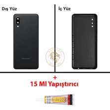 Arsking Samsung Galaxy A02 Siyah Renk Lensli Arka Kapak + B7000 Yapıştırıcı Arka Cam Batarya Kapağı Pil Kapağı Lazer Kesim Back Cover Galaxy A02 Uyumlu