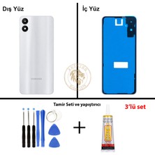 Arsking Samsung Galaxy A05 Gümüş Renk Lensli Arka Kapak + Tamir Seti + B7000 Yapıştırıcı Arka Cam Batarya Kapağı Pil Kapağı Lazer Kesim Back Cover Galaxy A05 Uyumlu