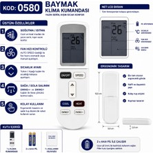 AŞIK STORE Baymak 0580 Klima Kumandası LCD Ekranlı Isıtma Soğutma Fan Hız Ayarlı Swing Fonksiyonlu Yedek Kumanda