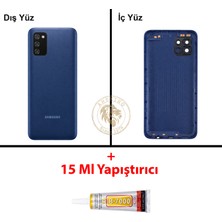 Arsking Samsung Galaxy A03S Mavi Renk Lensli Arka Kapak + B7000 Yapıştırıcı Arka Cam Batarya Kapağı Pil Kapağı Lazer Kesim Back Cover Galaxy A03S Uyumlu