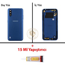 Arsking Samsung Galaxy A01 Mavi Renk Lensli Arka Kapak + B7000 Yapıştırıcı Arka Cam Batarya Kapağı Pil Kapağı Lazer Kesim Back Cover Galaxy A01 Uyumlu