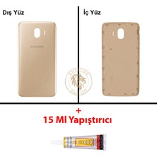 Arsking Samsung Galaxy J4 Gold Renk Arka Kapak + B7000 Yapıştırıcı Arka Cam Batarya Kapağı Pil Kapağı Lazer Kesim Back Cover Galaxy J4 Uyumlu