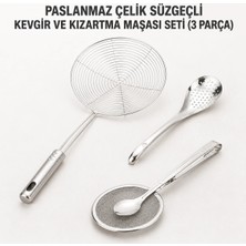 PratikBir Paslanmaz Çelik Süzgeçli Kevgir ve Kızartma Maşası Seti - 3 Parça