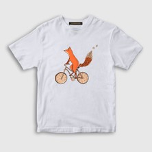 Presmono Unisex Çocuk Beyaz Bicycle Fox Tilki T-Shirt