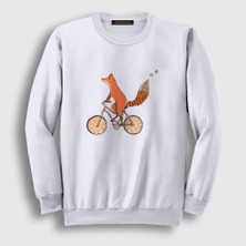 Presmono Unisex Beyaz Bicycle Fox Tilki Sweatshirt