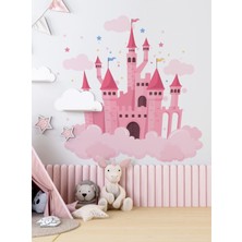 S Digital Disney Tarzı Pembe Şato Duvar Sticker Seti - Yıldız Bulut ve Kale Figürlü Çocuk Odası Duvar Dekoru - Kendinden Yapışkanlı Mat Pvc Folyo - 100X100 cm