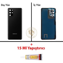 Arsking Samsung Galaxy S20 Plus Siyah Renk Lensli Arka Kapak + B7000 Yapıştırıcı Arka Cam Batarya Kapağı Pil Kapağı Lazer Kesim Back Cover Galaxy S20 Plus Uyumlu