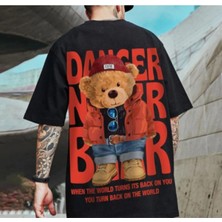 Tarzsokak Erkek Siyah Danger Bear Baskılı Oversize Bisiklet Yaka T-Shirt