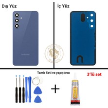 Arsking Samsung Galaxy S23 Fe Mavi Renk Lensli Arka Kapak + Tamir Seti + B7000 Yapıştırıcı Arka Cam Batarya Kapağı Pil Kapağı Lazer Kesim Back Cover Galaxy S23 Fe Uyumlu