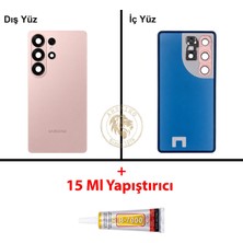 Arsking Samsung Galaxy S26 Ultra Pembe Renk Lensli Arka Kapak + B7000 Yapıştırıcı Arka Cam Batarya Kapağı Pil Kapağı Lazer Kesim Back Cover Galaxy S26 Ultra Uyumlu