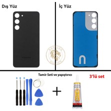 Arsking Samsung Galaxy S23 Plus Siyah Renk Arka Kapak + Tamir Seti + B7000 Yapıştırıcı Arka Cam Batarya Kapağı Pil Kapağı Lazer Kesim Back Cover Galaxy S23 Plus Uyumlu