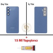 Arsking Samsung Galaxy S24 Fe Mavi Renk Lensli Arka Kapak + B7000 Yapıştırıcı Arka Cam Batarya Kapağı Pil Kapağı Lazer Kesim Back Cover Galaxy S24 Fe Uyumlu