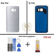 Arsking Samsung Galaxy S7 Gümüş Renk Arka Kapak + Tamir Seti + B7000 Yapıştırıcı Arka Cam Batarya Kapağı Pil Kapağı Lazer Kesim Back Cover Galaxy S7 Uyumlu