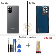 Arsking Samsung Galaxy S20 Plus Gri Renk Lensli Arka Kapak + Tamir Seti + B7000 Yapıştırıcı Arka Cam Batarya Kapağı Pil Kapağı Lazer Kesim Back Cover Galaxy S20 Plus Uyumlu