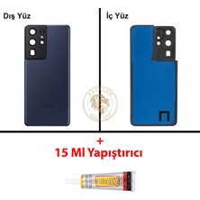 Arsking Samsung Galaxy S21 Ultra Lacivert Renk Lensli Arka Kapak + B7000 Yapıştırıcı Arka Cam Batarya Kapağı Pil Kapağı Lazer Kesim Back Cover Galaxy S21 Ultra Uyumlu