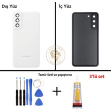 Arsking Samsung Galaxy S21 Fe Beyaz Renk Lensli Arka Kapak + Tamir Seti + B7000 Yapıştırıcı Arka Cam Batarya Kapağı Pil Kapağı Lazer Kesim Back Cover Galaxy S21 Fe Uyumlu