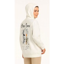 Velmora Fashion Kadın Kapüşonlu Kanguru Cepli Sweatshirt 3 Iplik Pamuklu Baskılı Hoodie - Beyaz