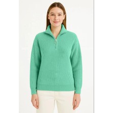 Velmora Fashion Kadın Yarım Fermuarlı Triko Kazak Selanik Örgü Dik Yaka Pamuklu Dokuma - Mint Yeşili