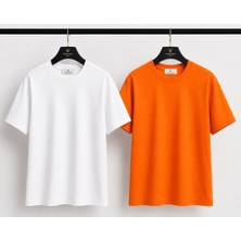 Vasto Moda Beyaz - Turuncu Beyaz - Turuncu 2'li Erkek Oversize Tişört