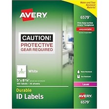 Uravas Store Avery Lazer Yazıcılar Için Dayanıklı Beyaz Kapak Kimlik Etiketleri, 5" x 8", 100&APOS;LÜ Paket (6579)