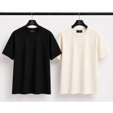 Vasto Moda Siyah - Ekru Beyaz - Turuncu 2'li Erkek Oversize Tişört