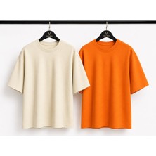 Vasto Moda Ekru - Turuncu Beyaz - Turuncu 2'li Erkek Oversize Tişört
