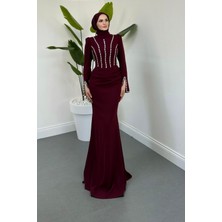 Merven Akyüz Shabira Taşlı Krep Balık Abiye Mürdüm