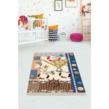 Ozka Concept Pelangi Gemi Yelken Desenli Dijital Baskılı Kaymaz Taban Çocuk Odası Halısı, Bej 120 x 120