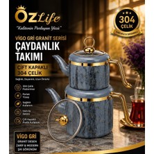 Özlife Aile Boyu Vigo Gri Granit Desenli Çift Kapaklı 304 Çelik Çaydanlık Takımı