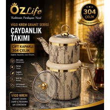Özlife Aile Boyu Vigo Krem Granit Desenli Çift Kapaklı 304 Çelik Çaydanlık Takımı