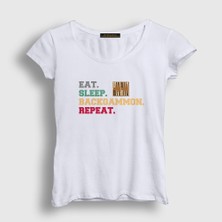 Presmono Kadın Beyaz Eat Sleep Backgammon Repeat Tavla T-Shirt