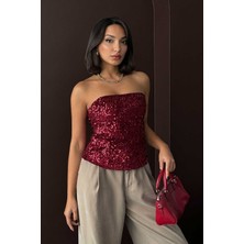 Very Moda Arkadan Fermuarlı Straplez Payet Bluz | F2056