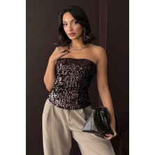 Very Moda Arkadan Fermuarlı Straplez Payet Bluz | F2056