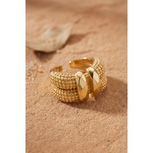 Arzino Granül Dokulu Çift Sıra Ayarlanabilir Gold Renk Yüzük